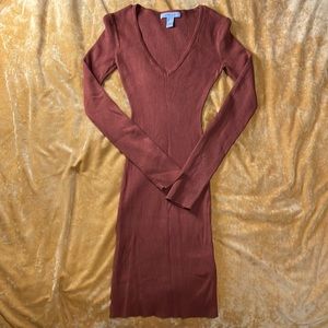 Burnt orange v neck bodycon mini sweater dress